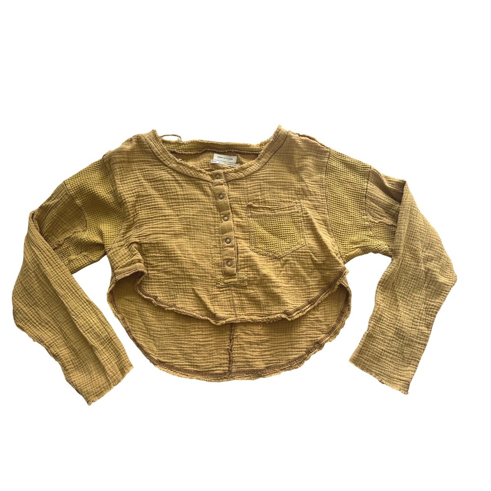 Urban Outfitters Mustard Yellow Textured Gauze Henley Long Sleeve Crop Top Small